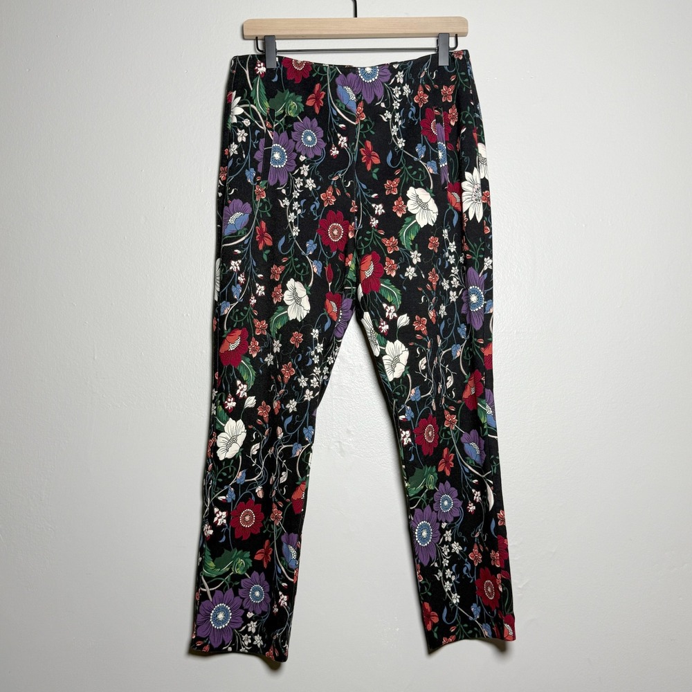 Chico's‎ Womens Pull On Pants 1P Medium Black Red Floral Artsy Festival Teacher